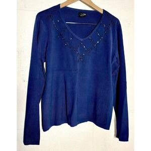 East 5th Blouse Women XL Blue LS Beaded V-Neck Beaded  Knit Top Going Out